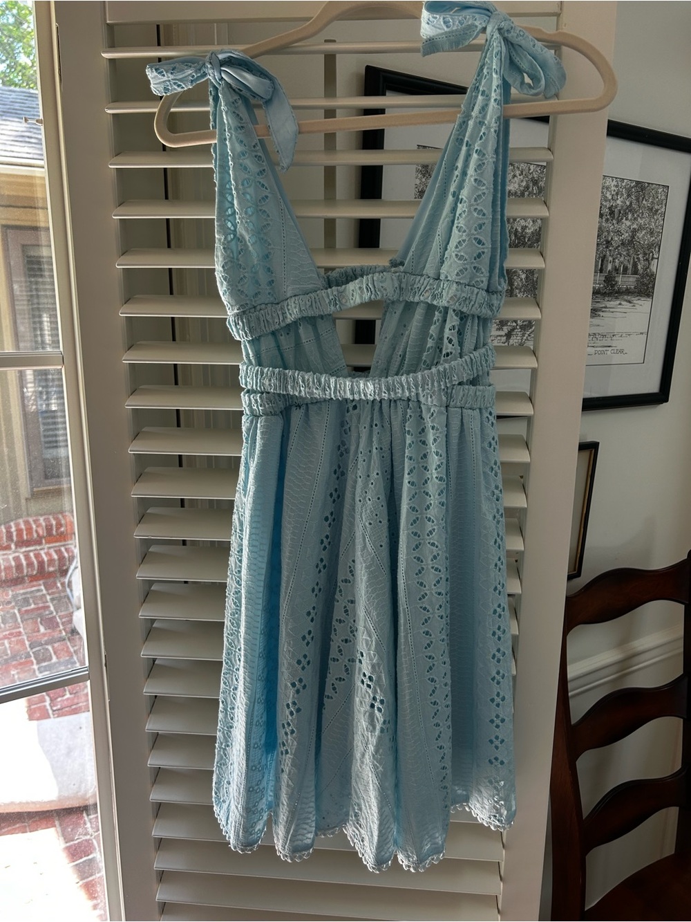 Selfie Leslie Light Blue Eyelet Mini Dress with Tie Straps